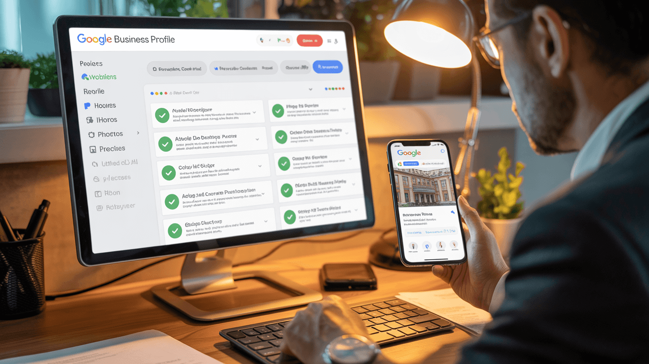 Business owner reviewing a Google Business Profile visibility checklist
