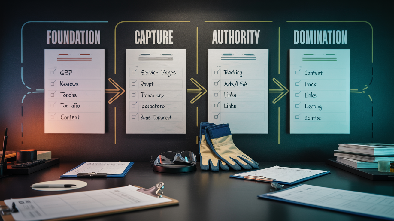 Step-by-step build order for a Google growth system: foundation setup, inbound capture, authority building, and local market domination