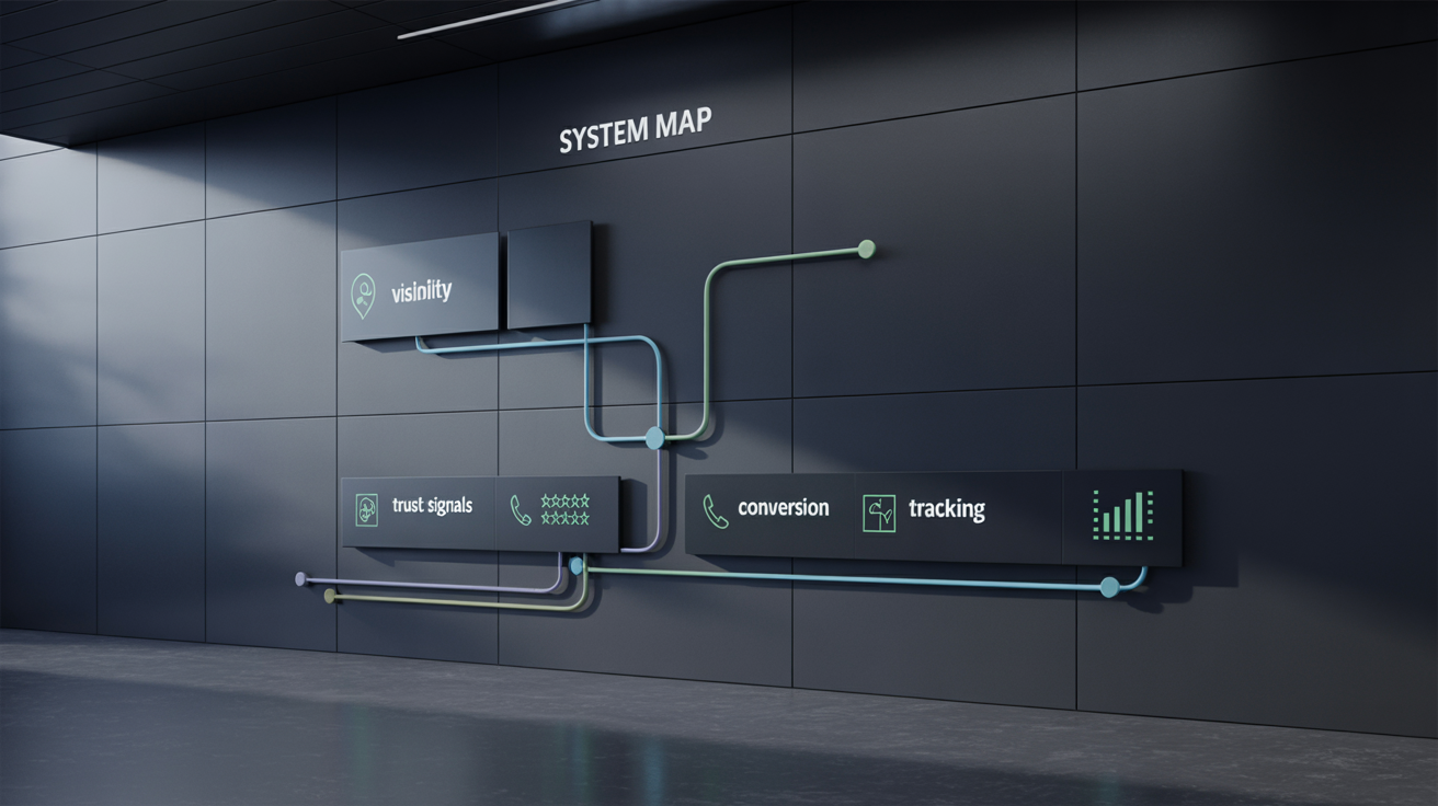 Diagram showing a Google growth system: local visibility, trust signals, conversion, and tracking working together