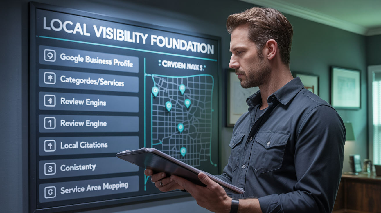 Home service operator reviewing a Google Business Profile and map pack foundation plan to improve local visibility