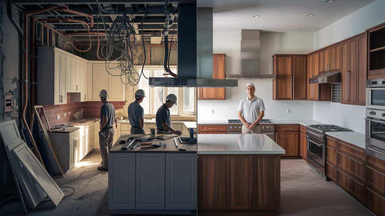 Comparison between disorganized construction work and a fully coordinated finished renovation