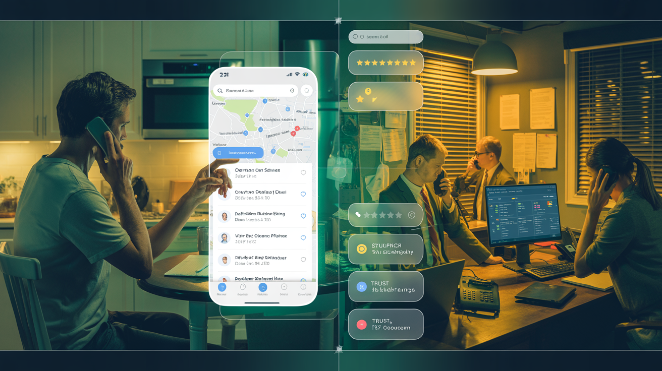 Homeowner searching local services while a competing home service business receives inbound calls from Google