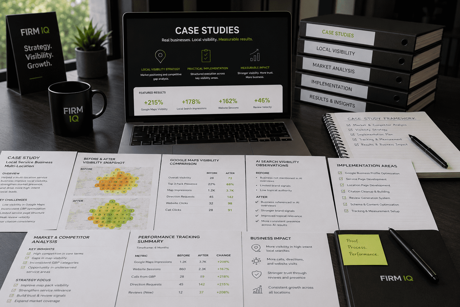 Firm IQ case studies proof hub showing local visibility gap analysis, Google Maps improvements, AI search visibility, and business outcome tracking
