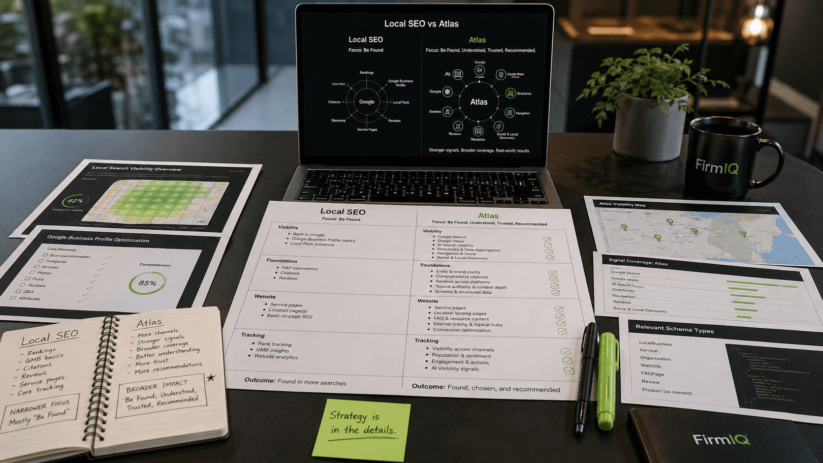Firm IQ comparison of local SEO and Atlas visibility foundation across Google Maps, AI search, citations, reviews, schema, tracking, and website structure