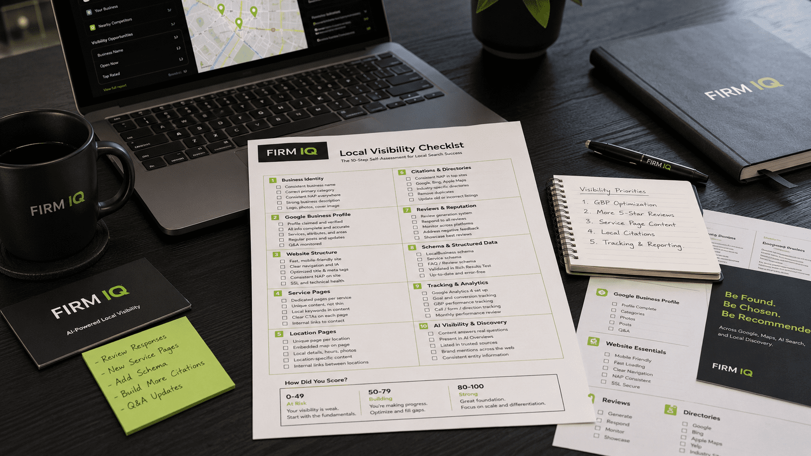 Firm IQ local visibility checklist for reviewing business identity, Google Business Profile, website structure, citations, reviews, schema, tracking, and AI visibility