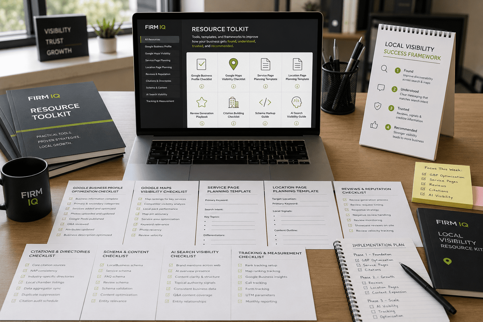 Firm IQ local visibility resources toolkit with checklists for Google Business Profile, service pages, location pages, citations, reviews, schema, and AI search