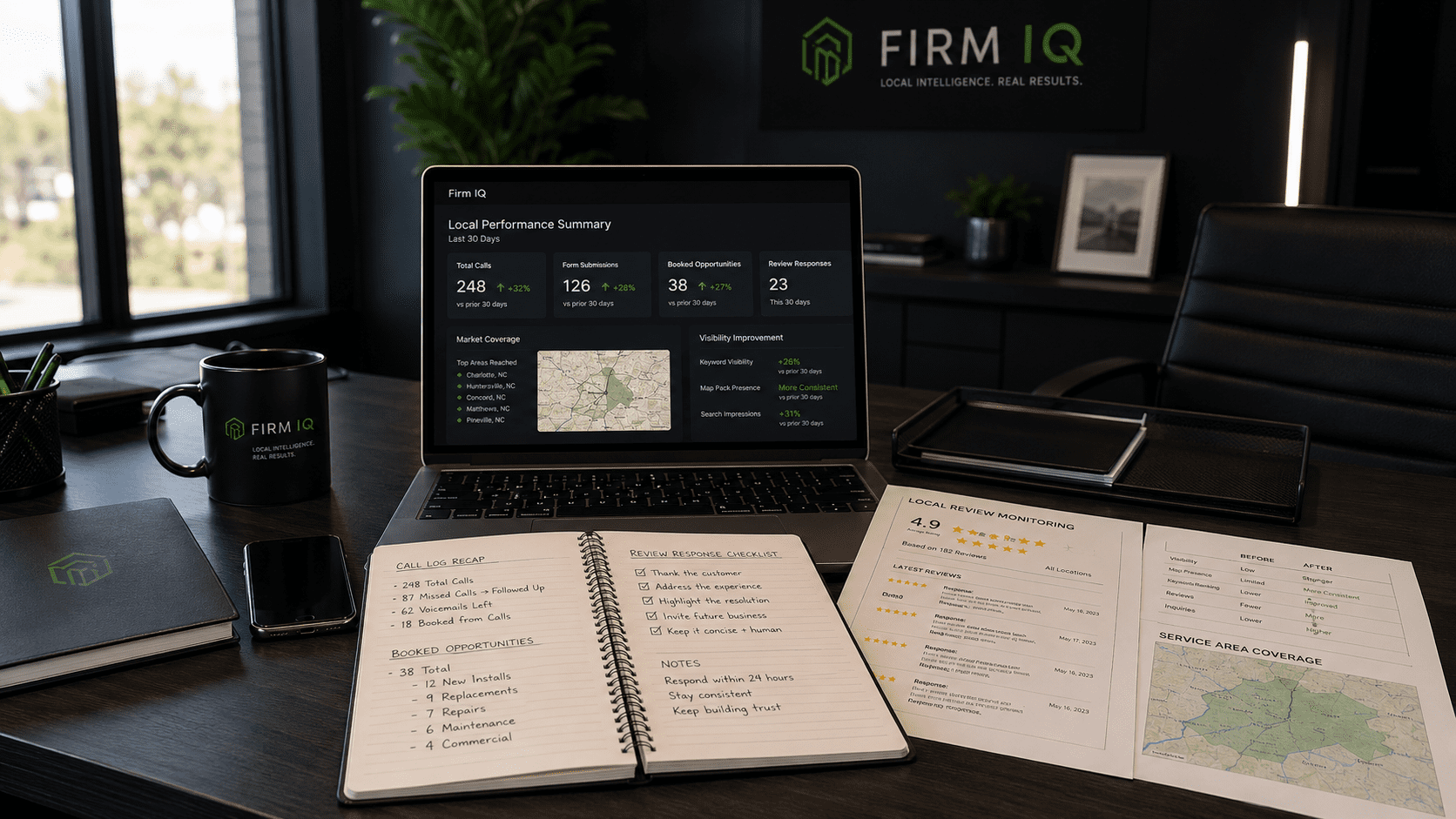 Firm IQ results page showing local visibility outcomes across Google Business Profile calls, form submissions, map visibility, market coverage, lead quality, and AI search signals