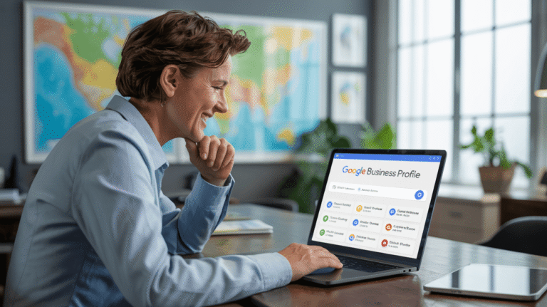 Business owner celebrating top 3 Google Map Pack ranking on laptop