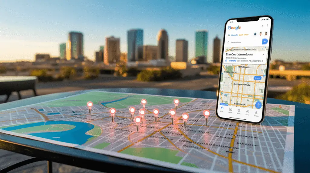 google maps ranking services in Phoenix Arizona with map pins and search visuals