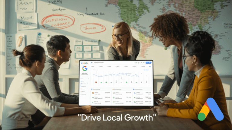 Multi-location SEO strategy meeting with location data and ranking dashboard