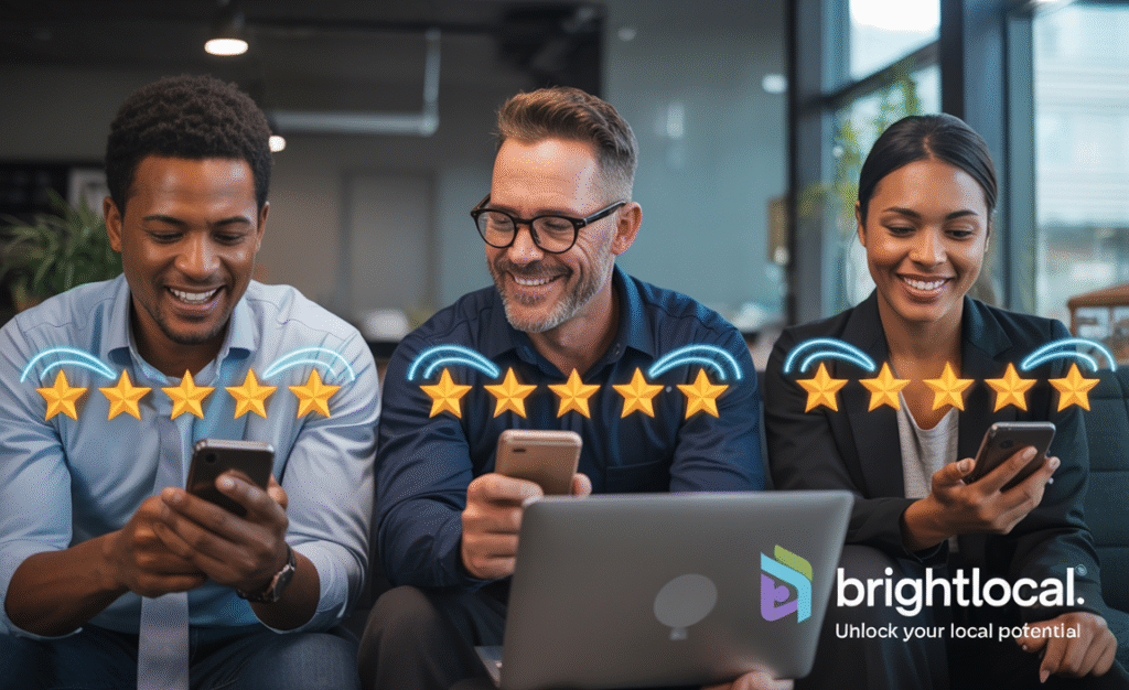 Business owners in Chandler reviewing 5-star customer reviews across devices