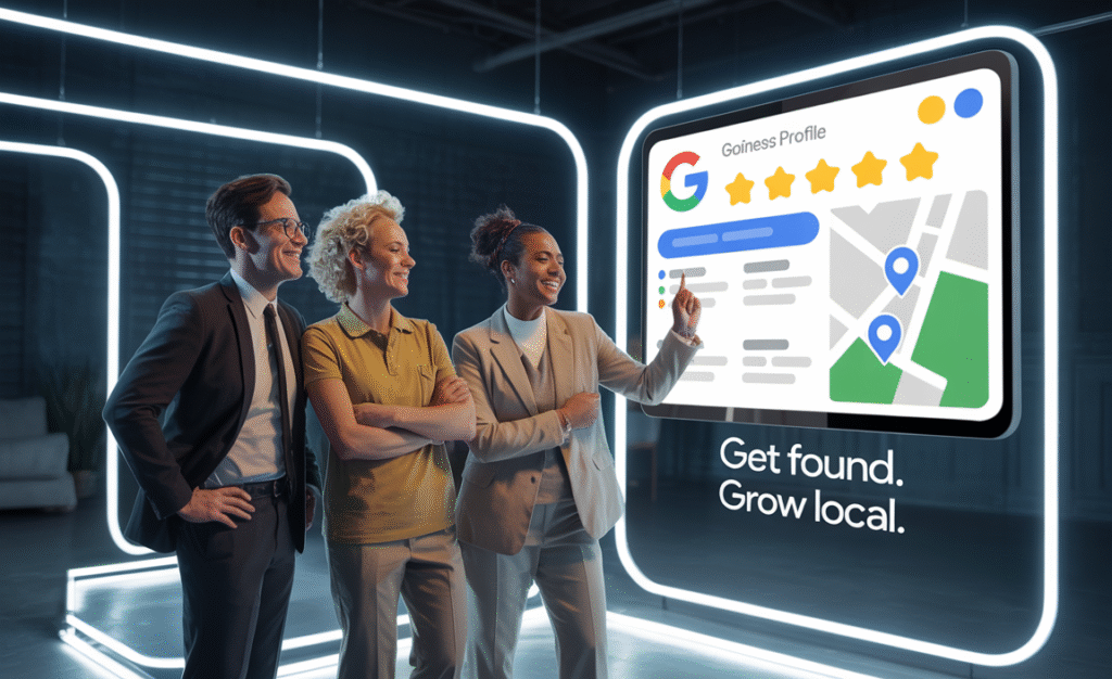 Chandler business owners reviewing a Google Business Profile with map pins and star ratings on a dark background