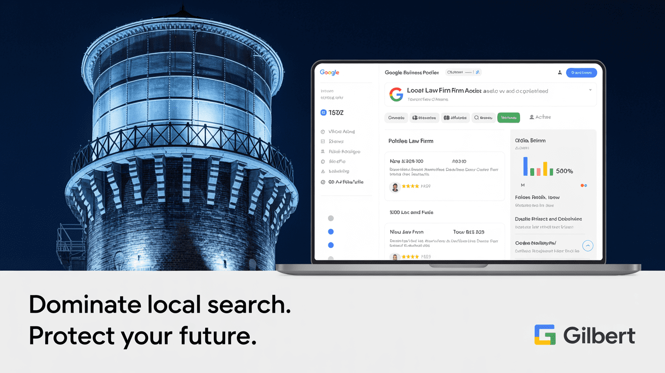 Laptop screen showing Google Business Profile optimization tools with Gilbert water tower in the background.