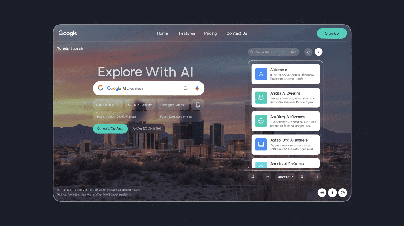 Tempe skyline with AI-powered search results and answer boxes displayed on a digital interface.