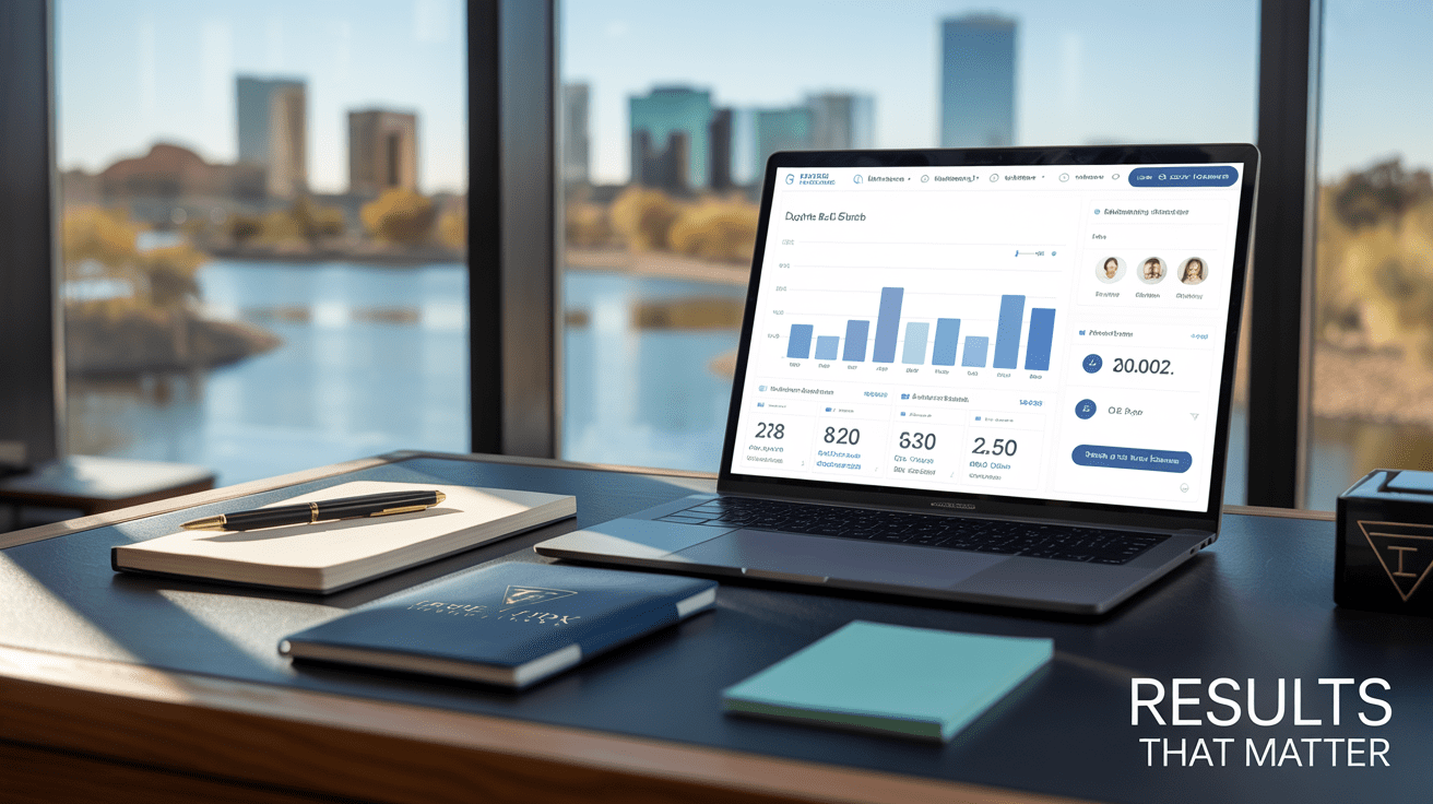 Laptop screen showing law firm marketing dashboards with Tempe skyline in the background.
