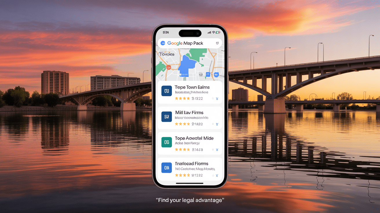Tempe Town Lake skyline with a phone screen showing a law firm ranking in the Google Business Profile Top 3.