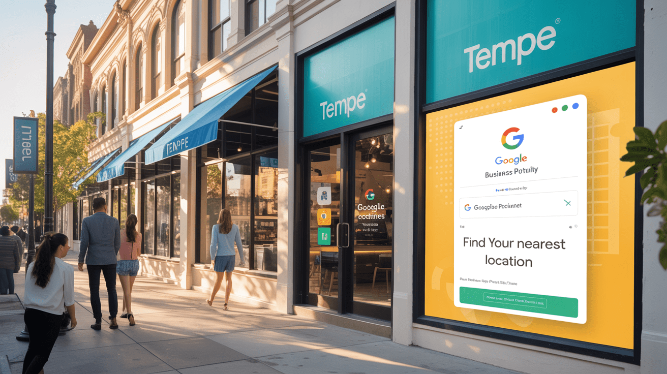 Franchise storefronts in Tempe with a computer screen showing Google Business Profile optimization.