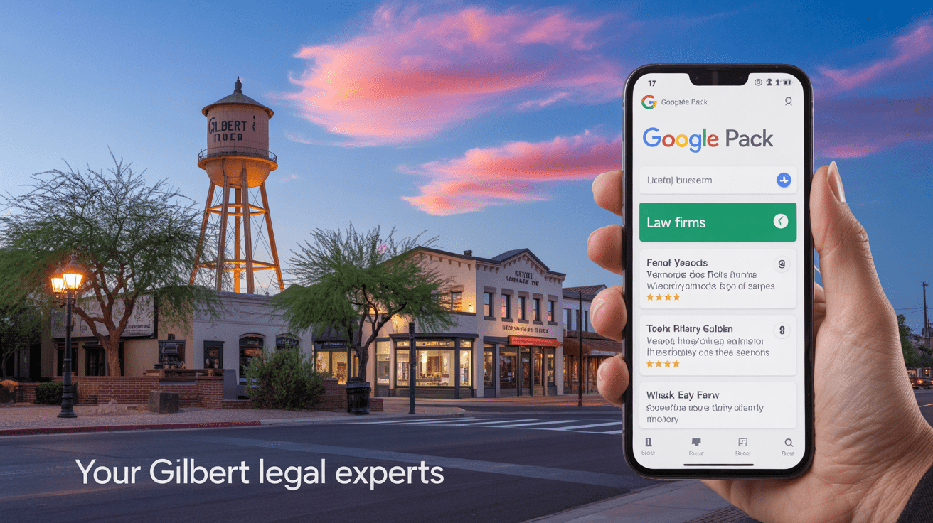Gilbert Heritage District with a phone screen showing a law firm ranked in the Google Business Profile Top 3