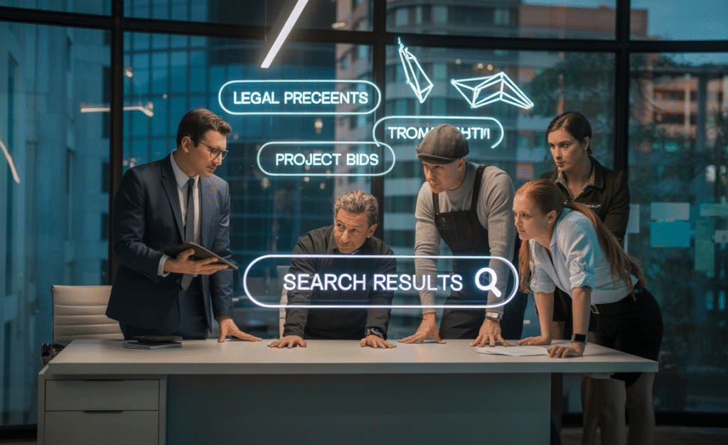 Business owners in Chandler using AI SEO answer engine optimization dashboard with glowing search results