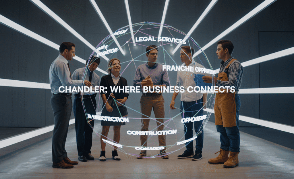 Chandler business owners viewing holographic generative entity optimization network glowing with connections