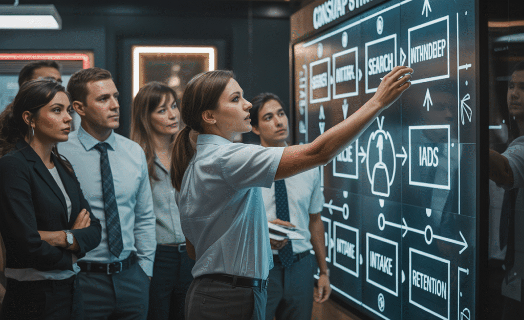 Chandler professionals working on customer journey mapping with digital whiteboards