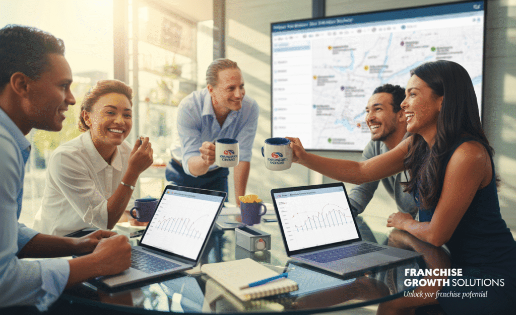 Chandler AZ franchise multi-location marketing meeting with maps and analytics dashboards