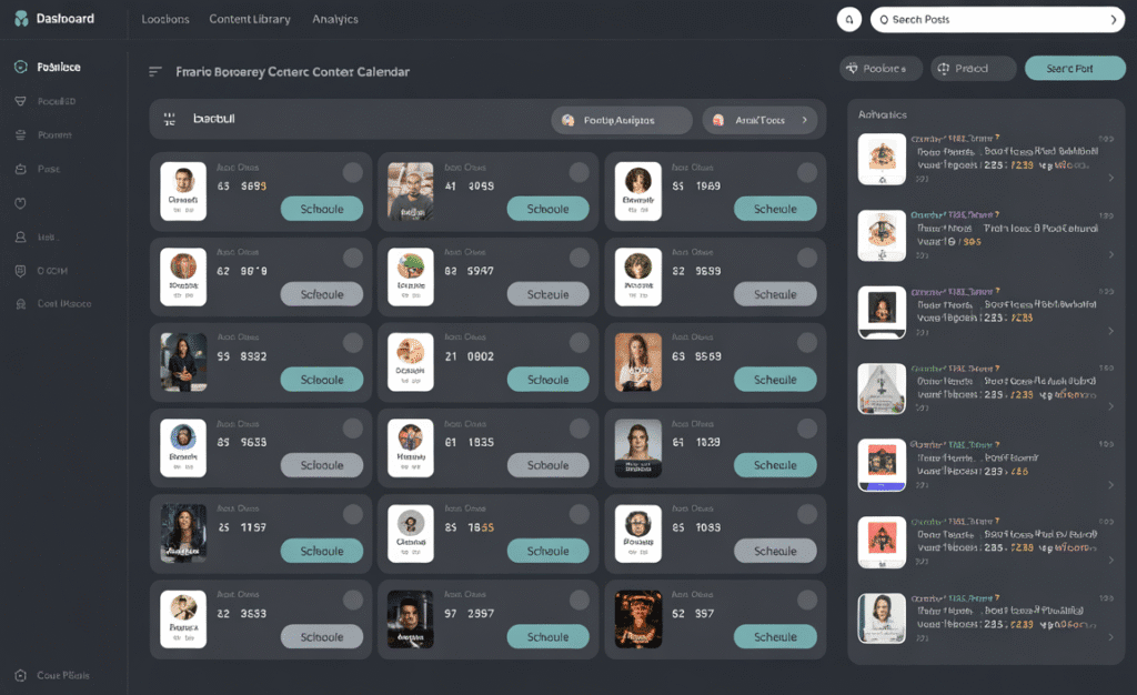 Franchise content marketing dashboard managing multi-location blogs and posts