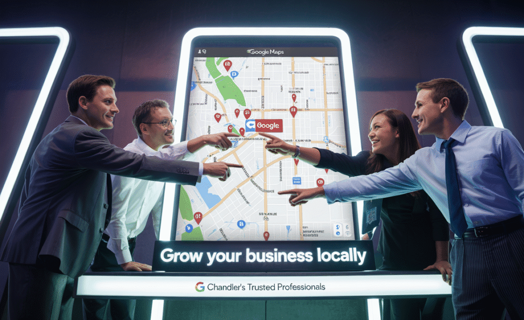 Business owners in Chandler viewing Google Maps ranking pins across the city