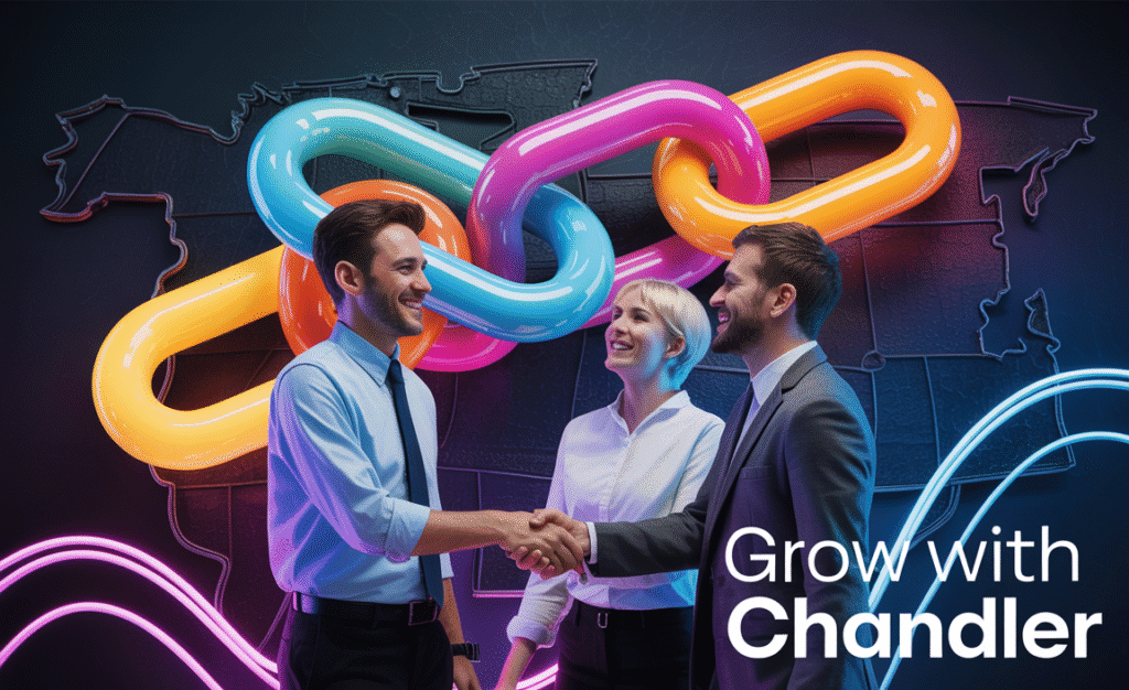 Chandler business owners networking with glowing link icons representing hyperlocal link building