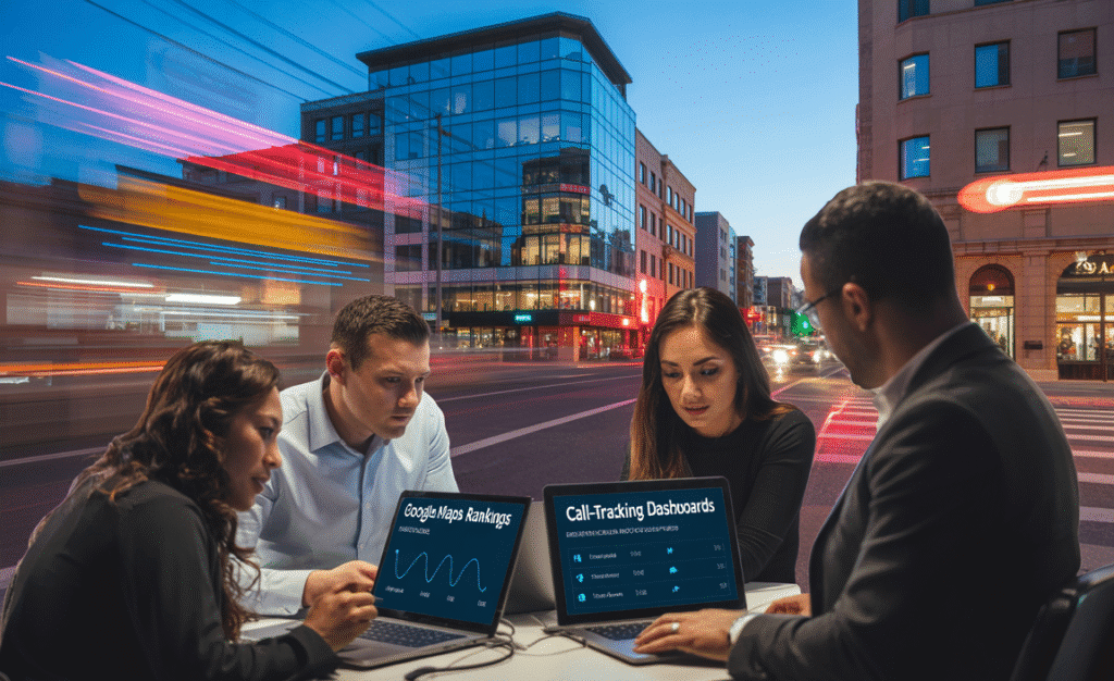 Law firm marketing agency in Chandler, AZ with analytics screens and downtown lights