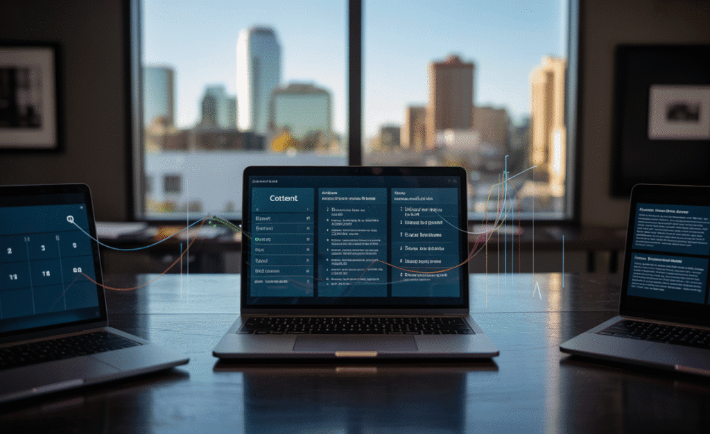 Law firm content marketing in Chandler AZ with content calendar and analytics on dark-mode screens