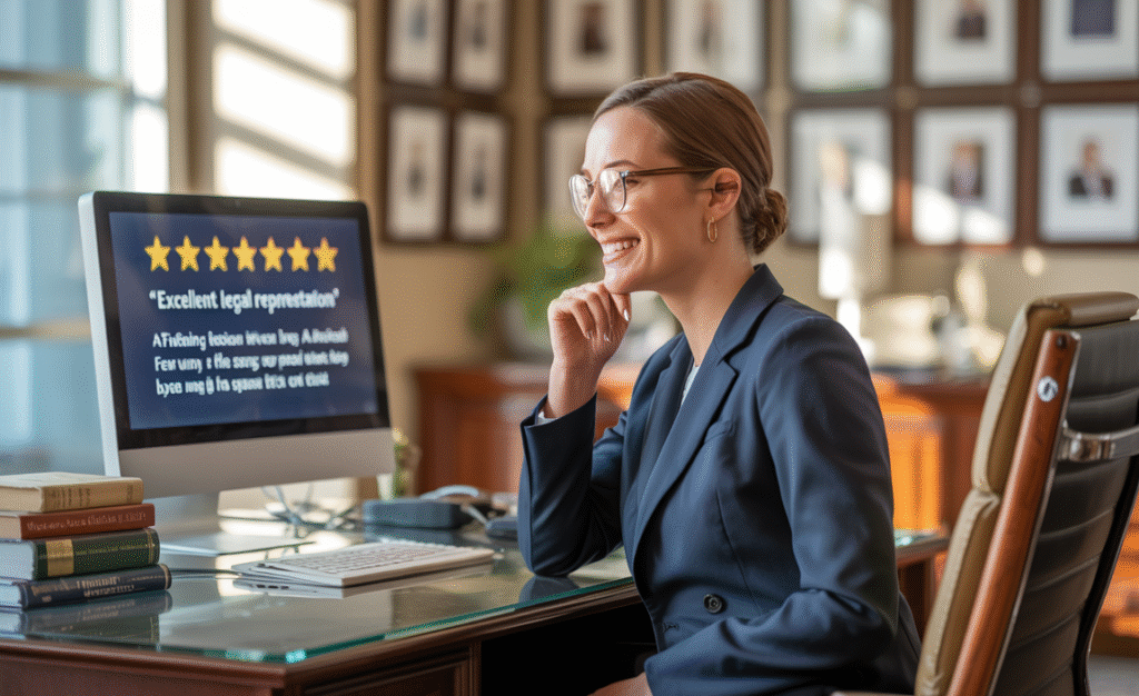 Lawyer viewing 5-star reviews on screen in a professional law office setting.