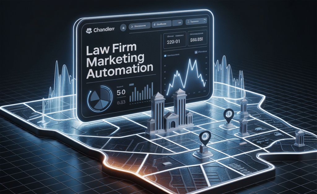 Law firm marketing systems in Chandler AZ with digital dashboard overlay and courthouse icons