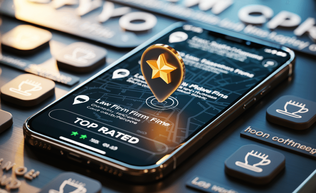 Smartphone showing Google Maps with top-rated law firm pinned in a busy local area.