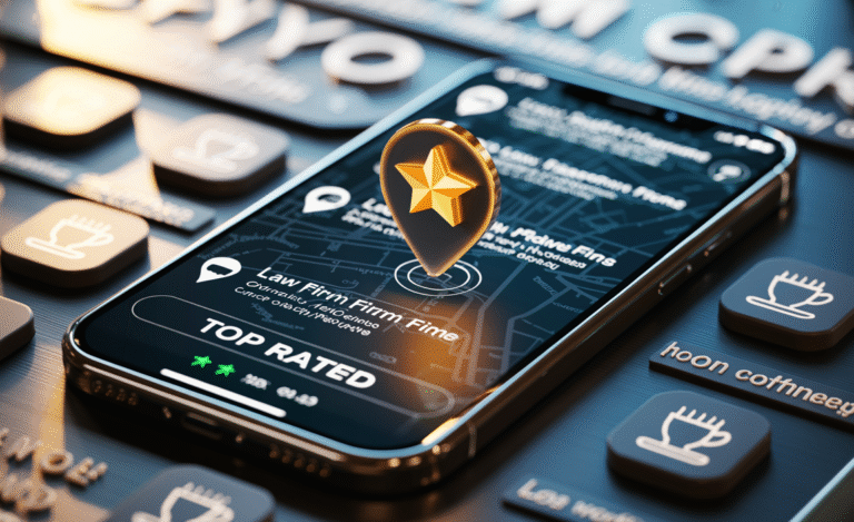 Smartphone showing Google Maps with top-rated law firm pinned in a busy local area.