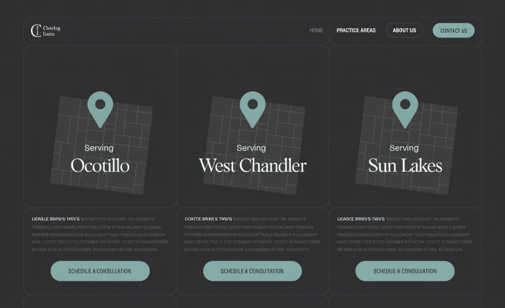 Service area pages for law firms in Chandler AZ with Google Map pins