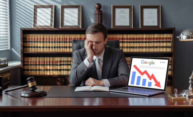 Lawyer reviewing a declining website traffic report in a professional office setting.