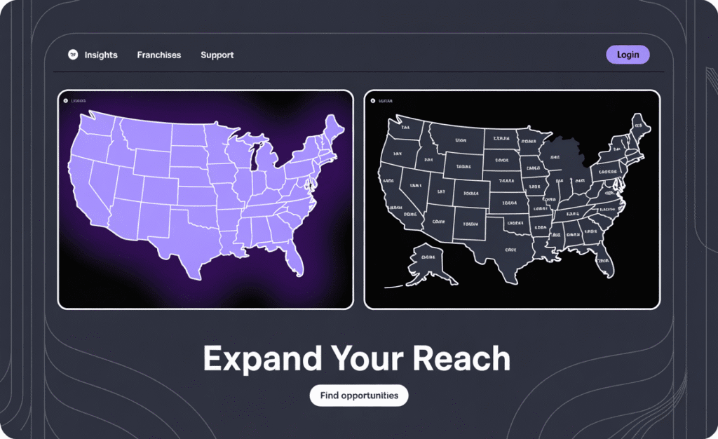 Dark‑theme graphic showing national ranking map vs dark local map with franchise pins.