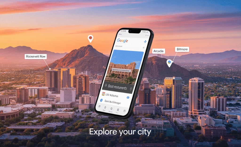 Local SEO and Google Business Profile optimization for Phoenix businesses with landmarks like Camelback Mountain and Downtown skyline.