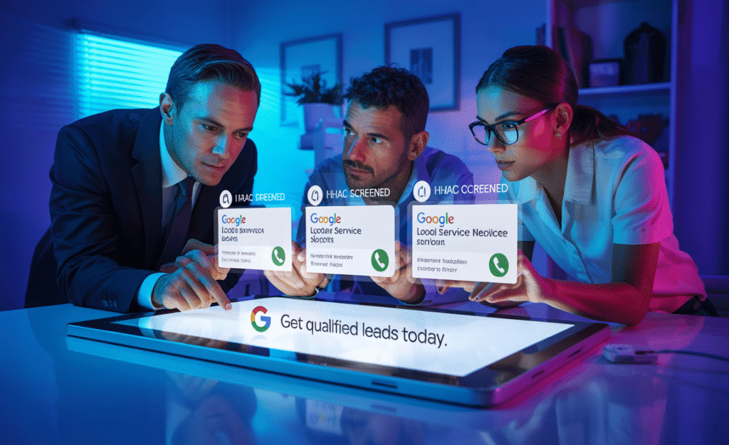 Chandler professionals reviewing Google Local Service Ads setup with Google Screened checkmarks