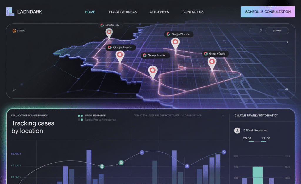 Multi-location law firm marketing map with connected Google pins in Chandler AZ