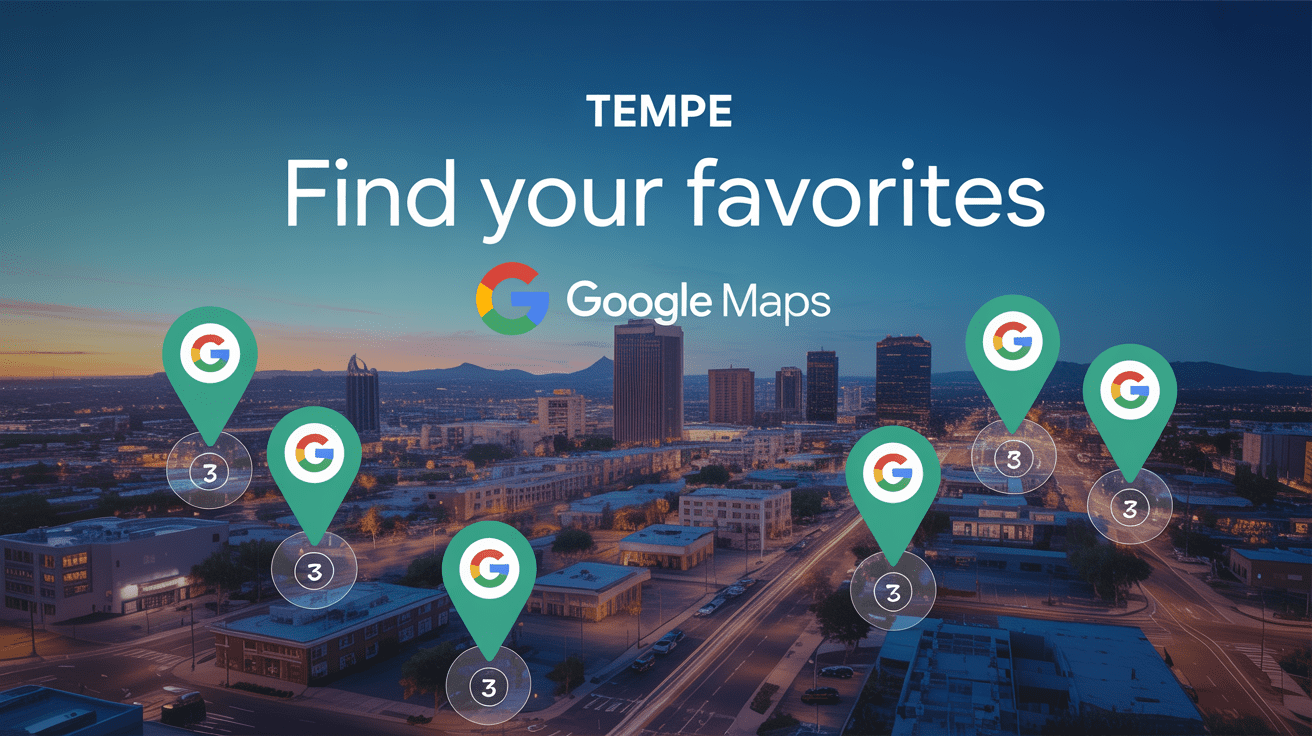 Tempe city view with a digital map overlay showing franchise locations ranked in the Google Business Profile Top 3.