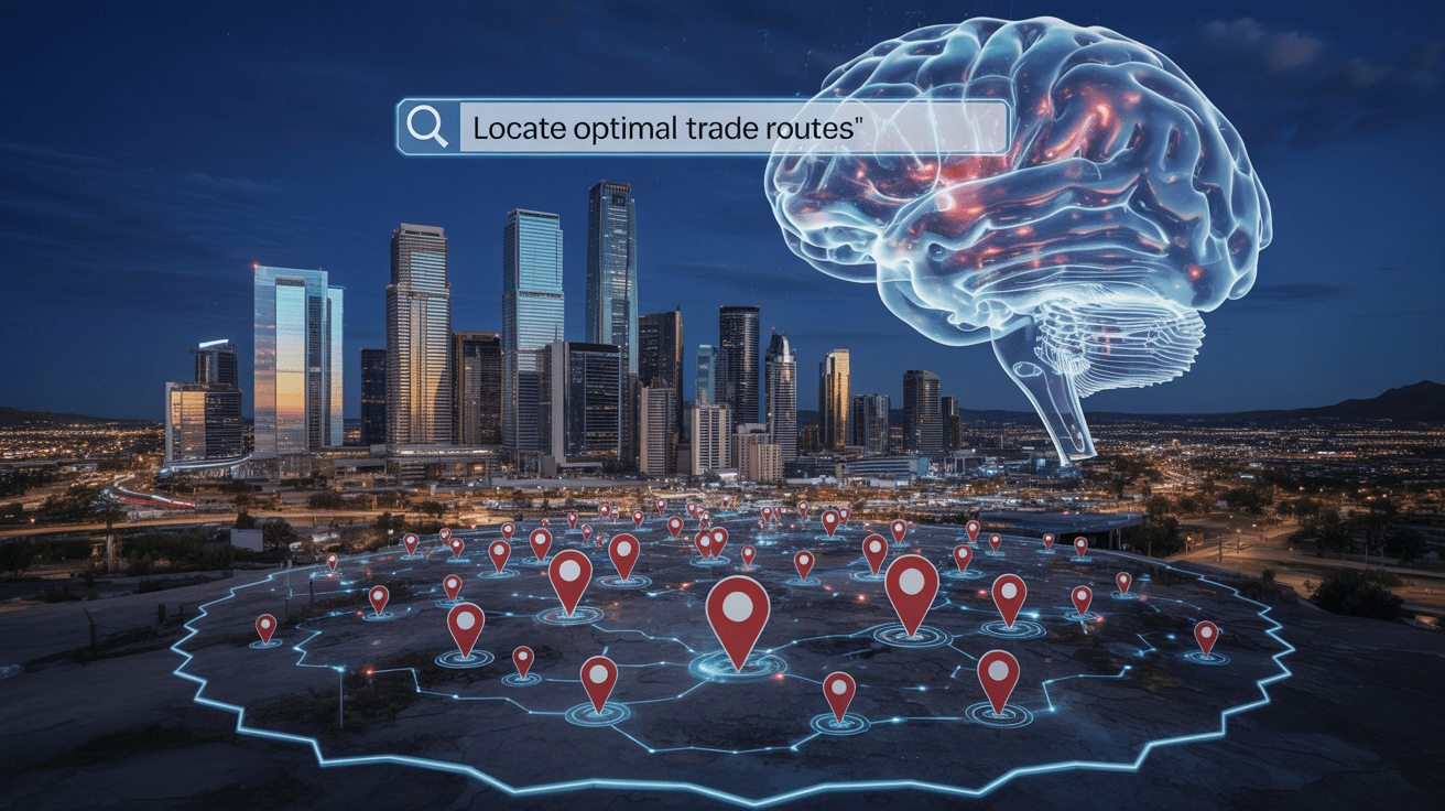 Franchise company SEO concept with AI brain, digital search bar, and multiple Mesa franchise pins glowing