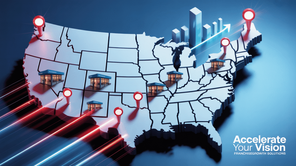 Franchise growth concept showing Mesa headquarters with a map of the U.S. covered in glowing franchise location pins