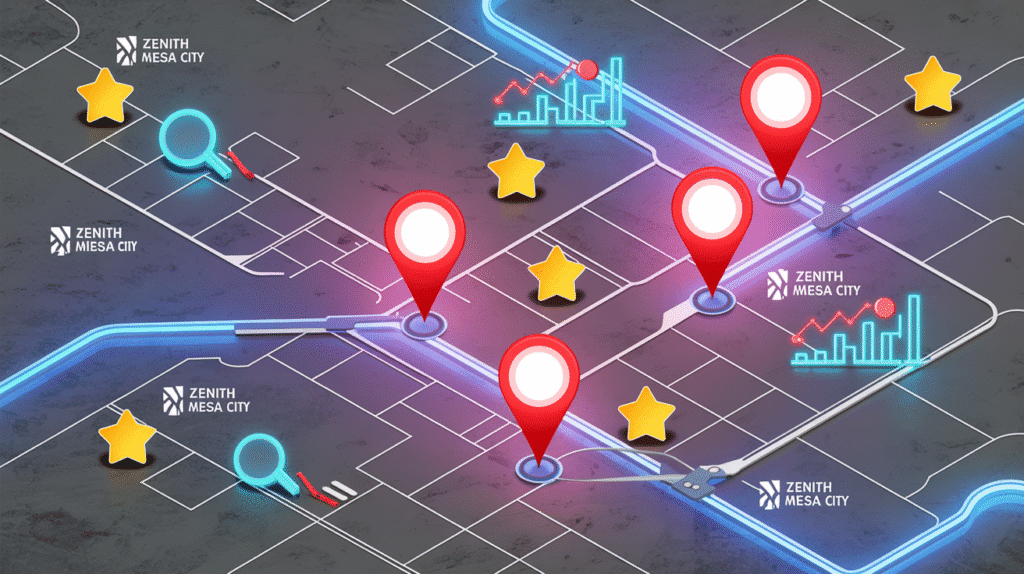 Local SEO concept for a franchise business in Mesa with multiple map pins across the city