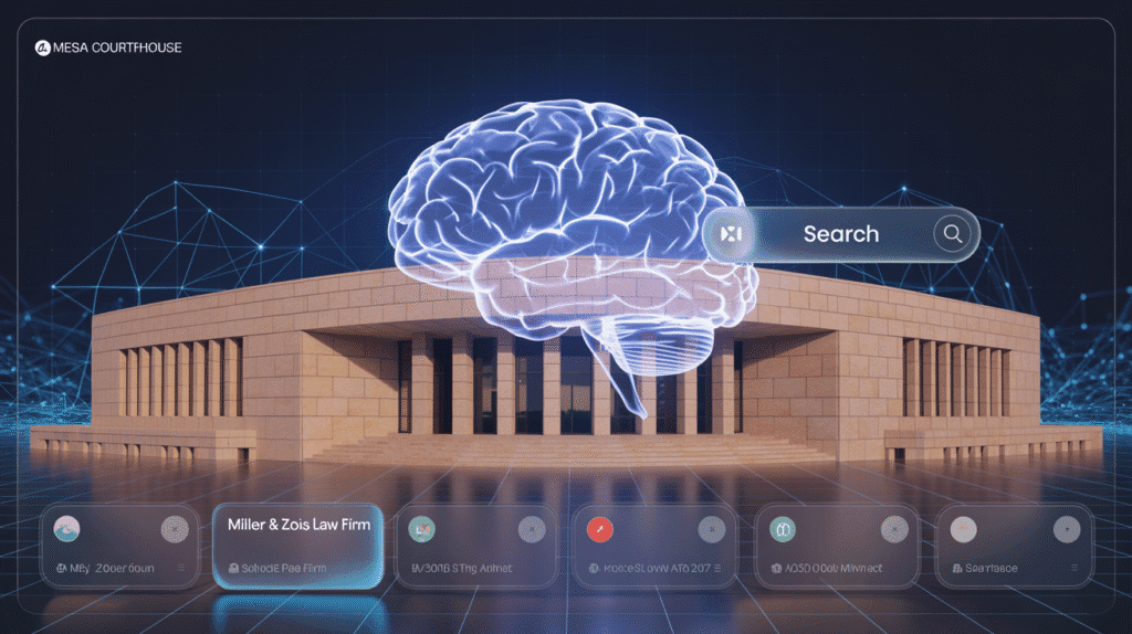 AI-driven SEO concept for a Mesa law firm with digital brain icons, search results, and map pins