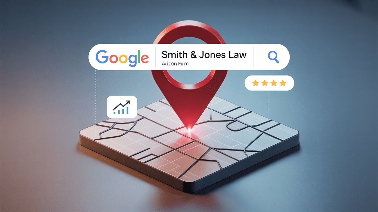 Google Business Profile SEO concept for a law firm in Mesa, showing a highlighted top 3 map pack result