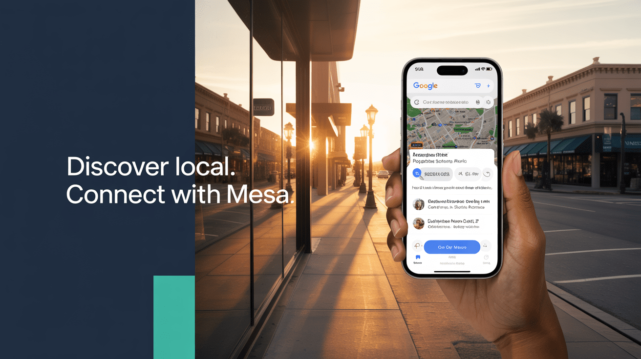 Law firm local SEO concept in Mesa with a map pin and growth chart over a downtown office