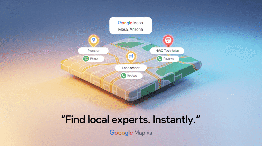 Google Business Profile map pack showing three Mesa service businesses ranked at the top