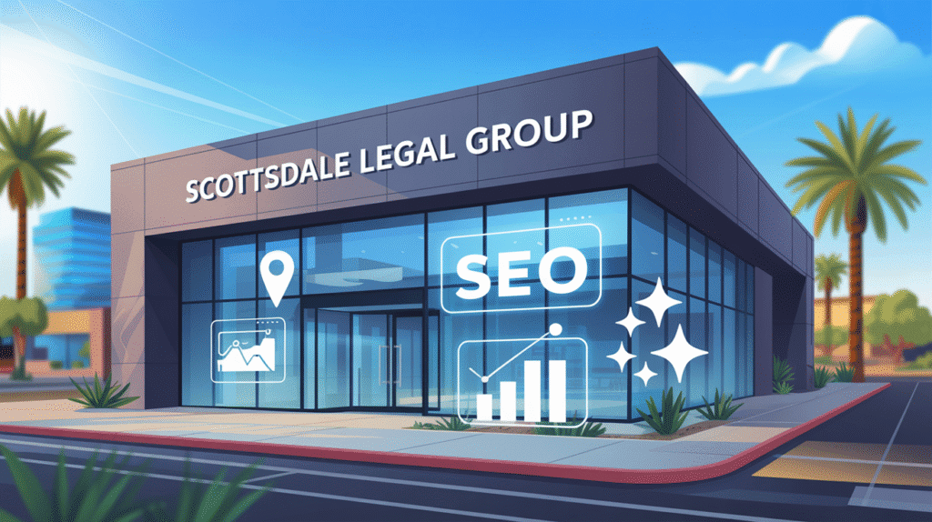 Law firm local SEO in Scottsdale with digital marketing icons above a downtown office.